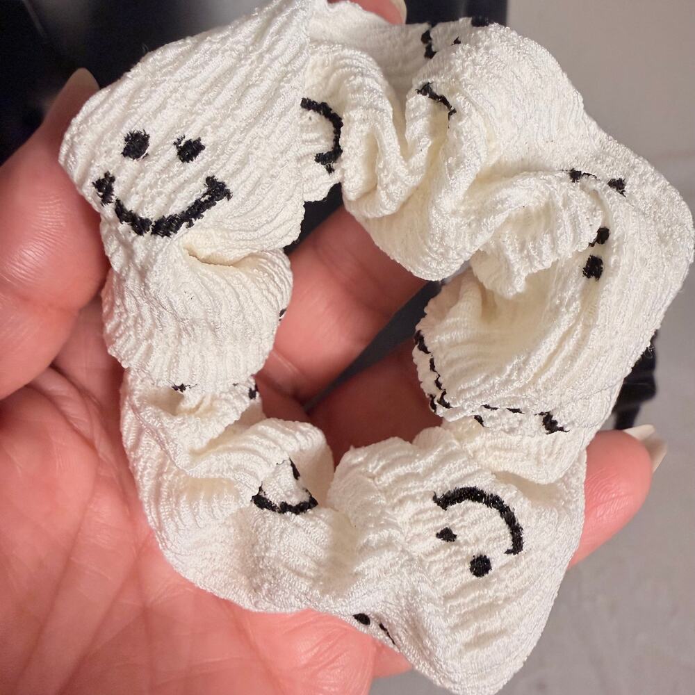 NEW Cream Smiley Face Scrunchie Ribbed Fabric Hair Tie